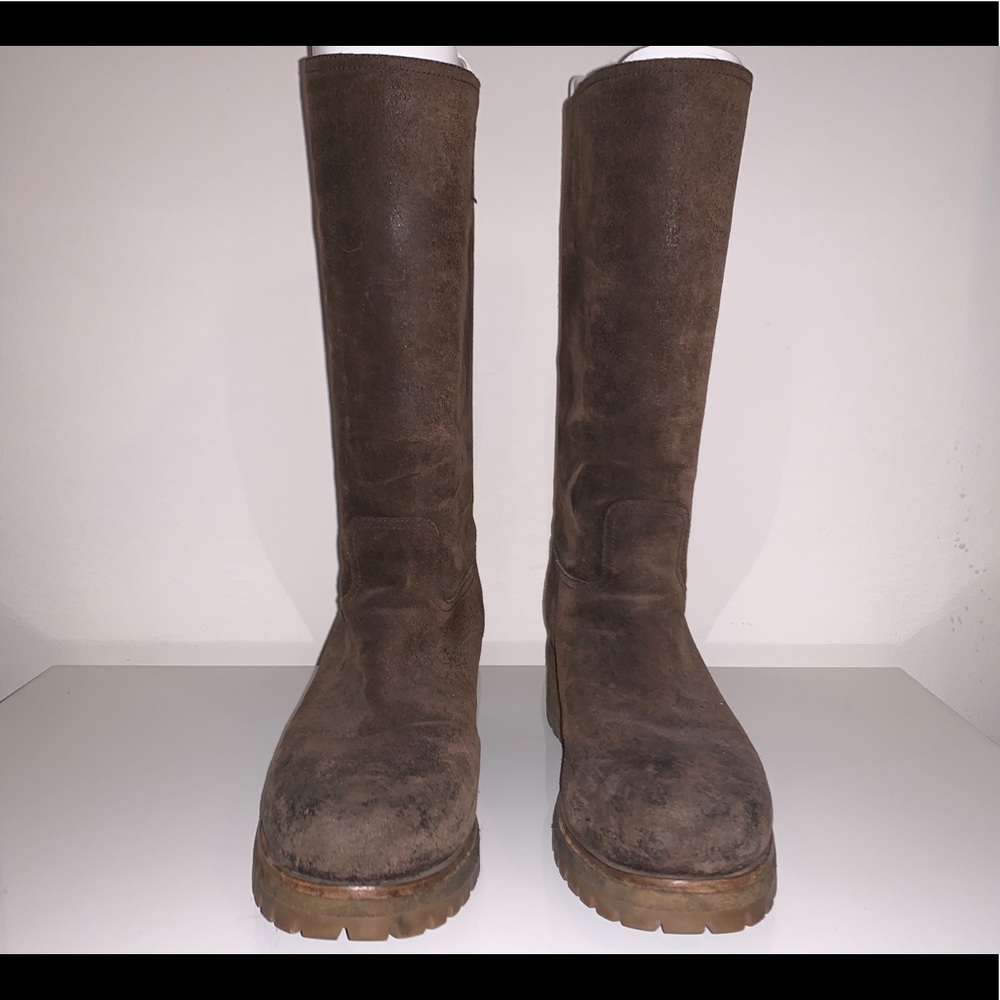Prada mid calf brushed suede boots